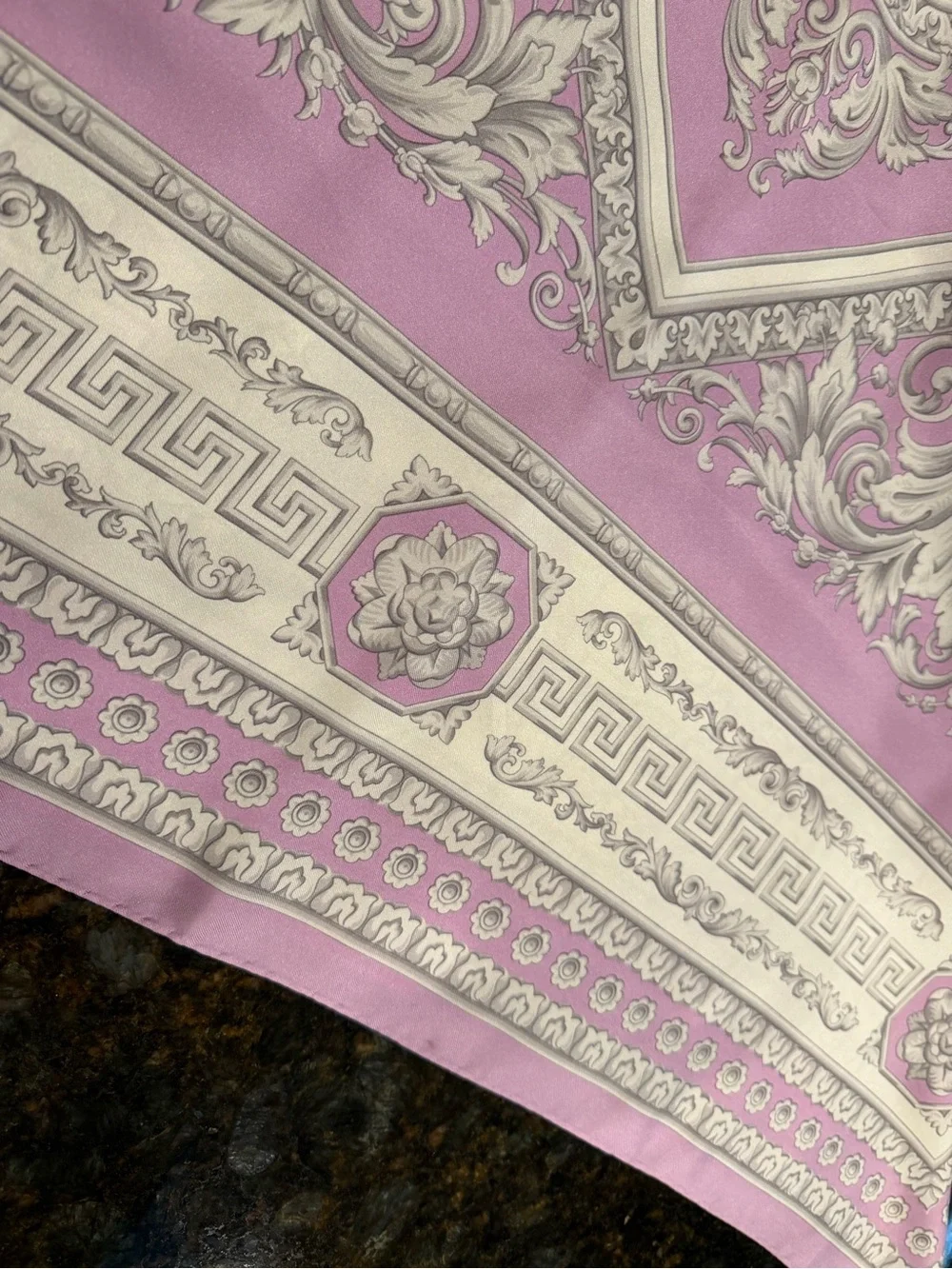 Authentic Versace Lilac and Gray Baroque Silk Scarf